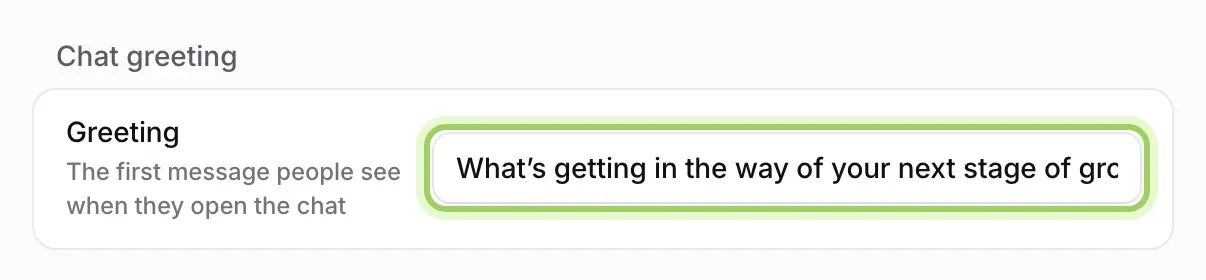The Chat greeting section with the Greeting field highlighted.