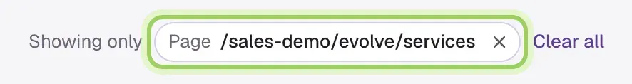 Showing only, with a Page filter for /sales-demo/evolve/services highlighted, and Clear all.