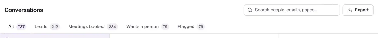 The filter tabs: All 737, Leads 212, Meetings booked 234, Wants a person 79 and Flagged 79.