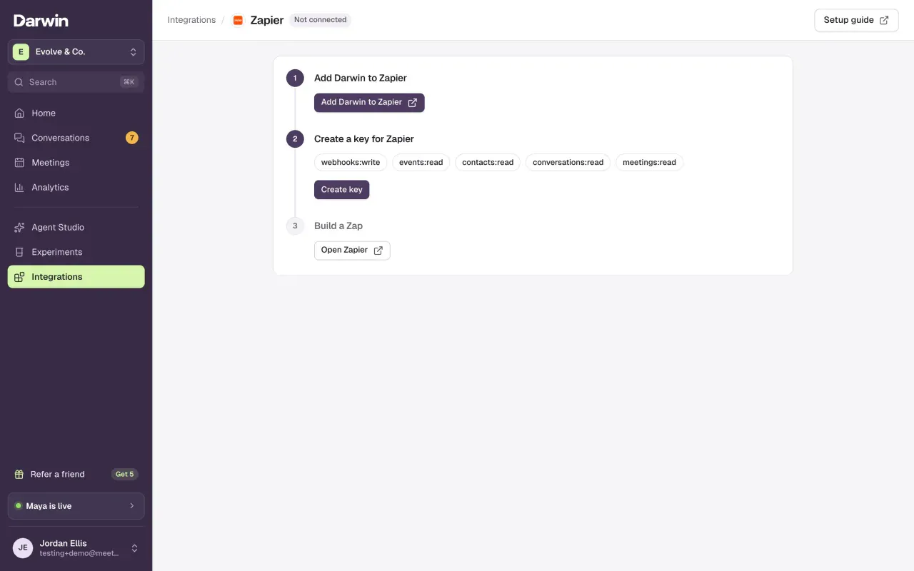 The Zapier setup page with three steps: Add Darwin to Zapier, Create a key for Zapier with five scopes listed, and Build a Zap.