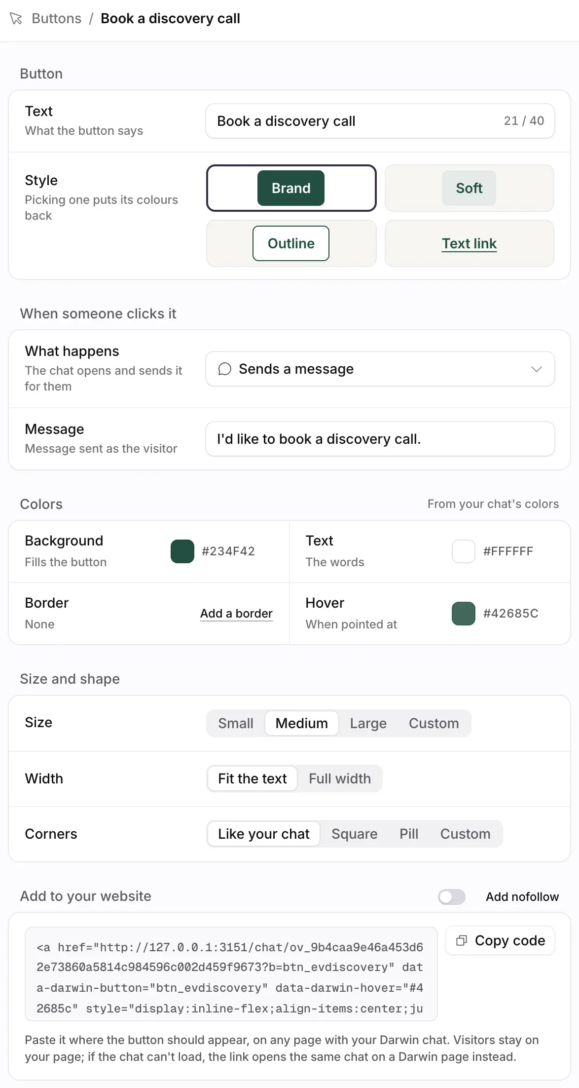 A button's page: the Button section with its text and style, When someone clicks it, Colors, Size and shape, and Add to your website with its code.