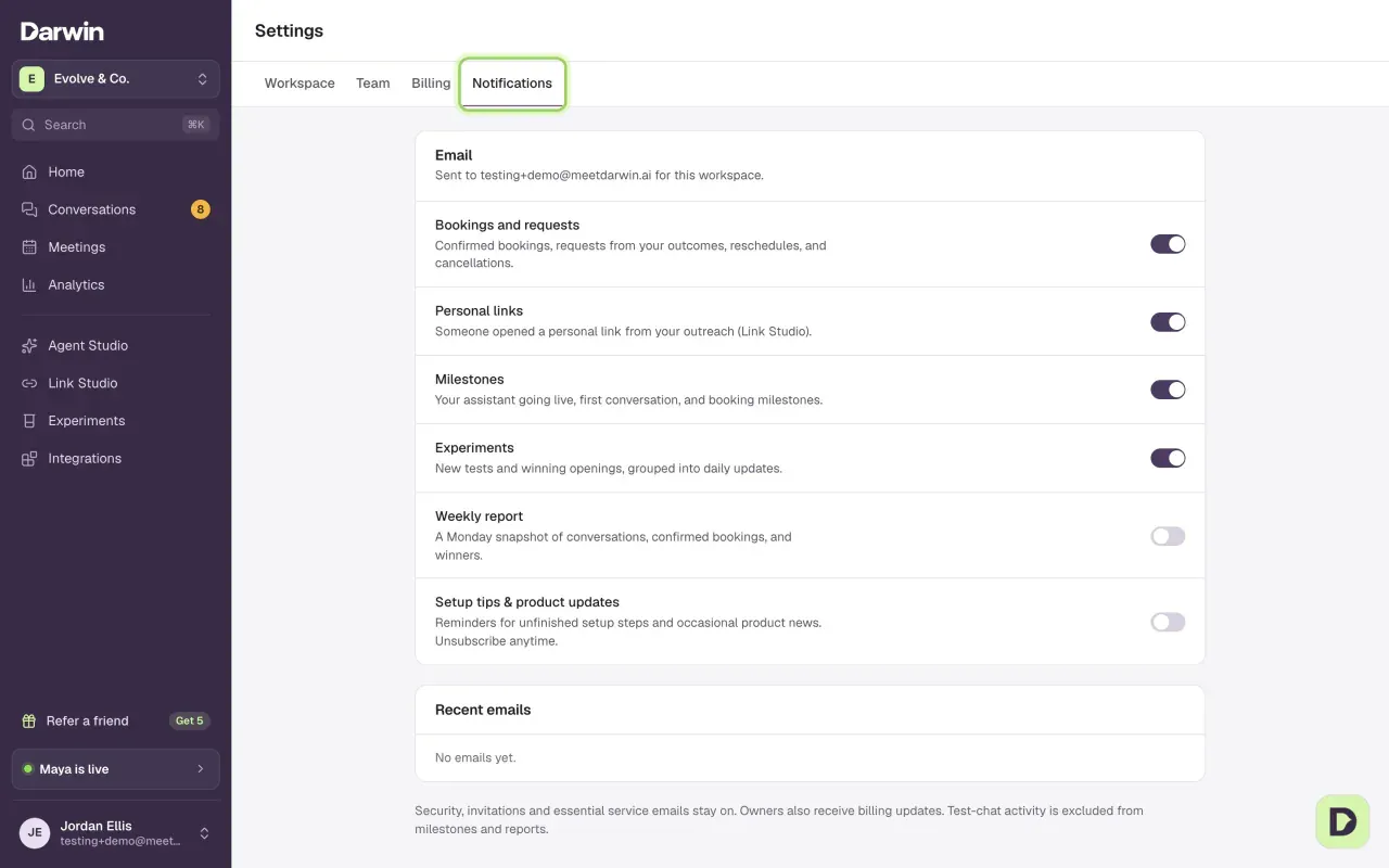 The Settings screen on the Notifications tab, with the Email section's six switches and the Recent emails section. The Notifications tab is marked.