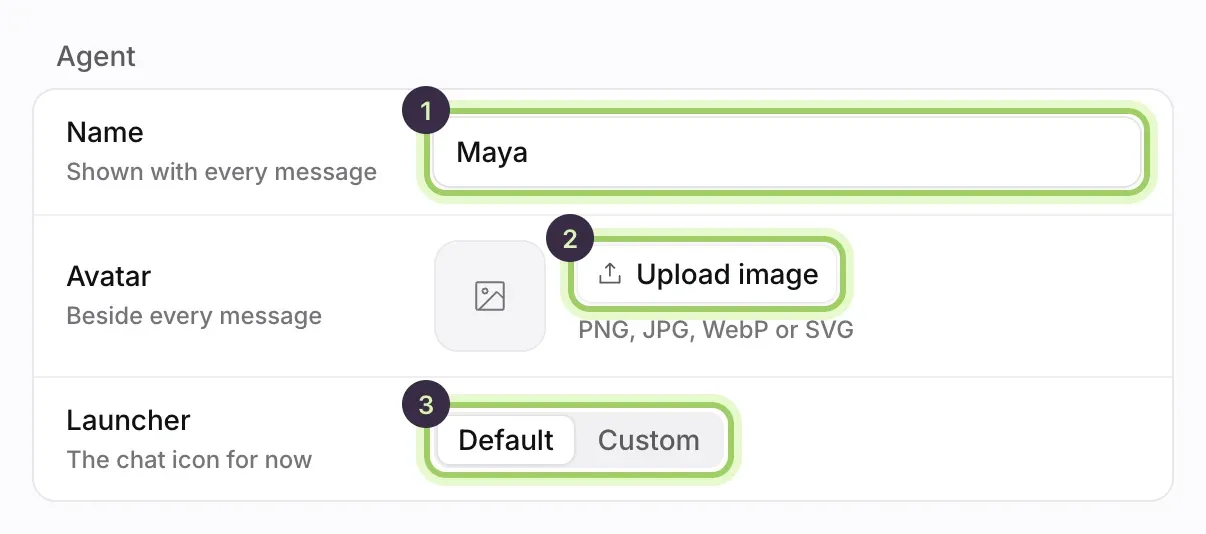 The Agent section: Name marked 1, Upload image marked 2, and the Launcher choice of Default or Custom marked 3.