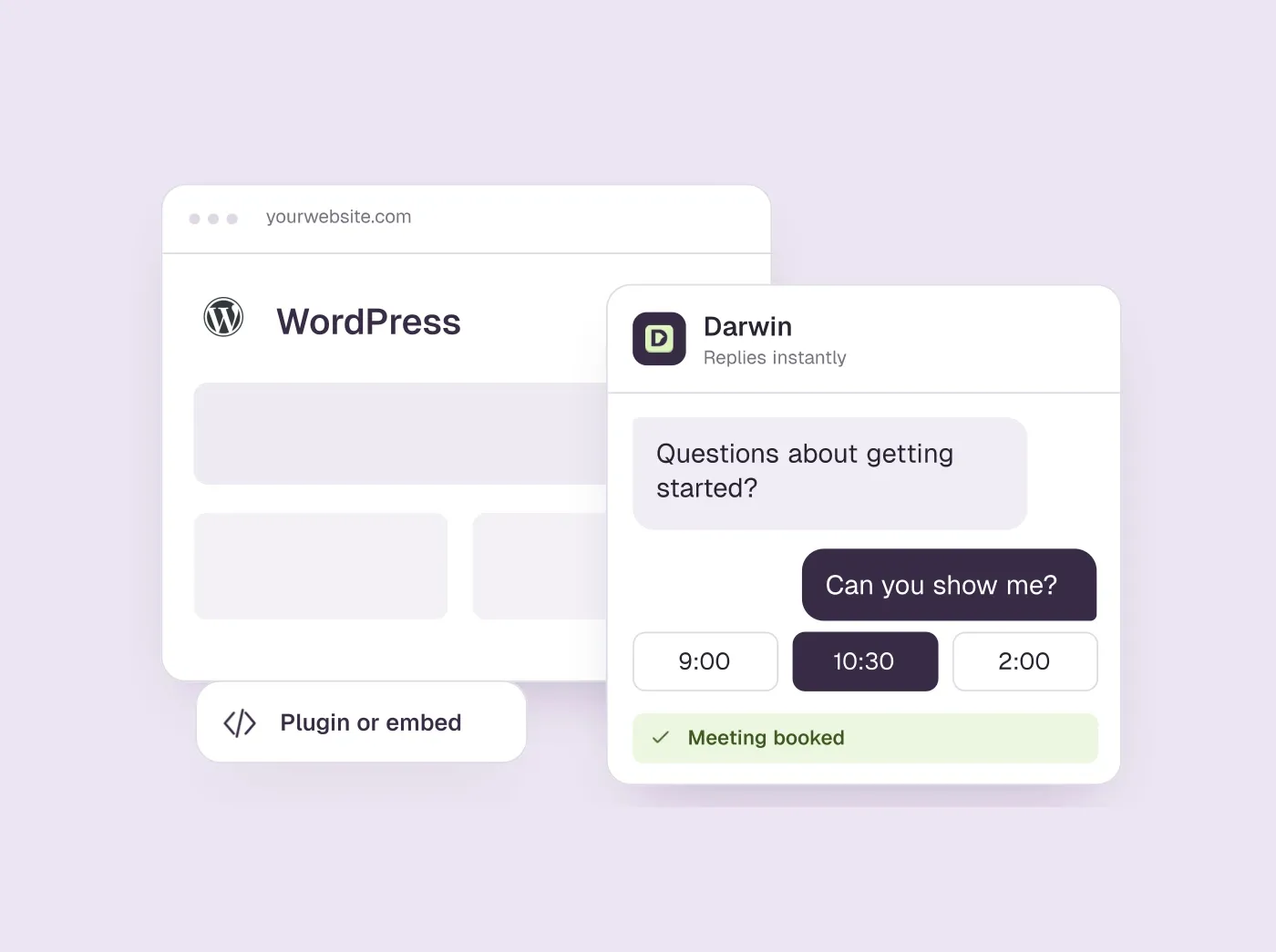 A WordPress website illustration with an overlaid Darwin chat and a plugin or embed label.