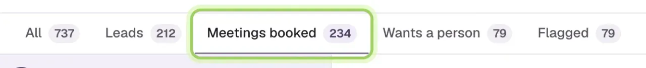 The Conversations filter tabs with Meetings booked highlighted.