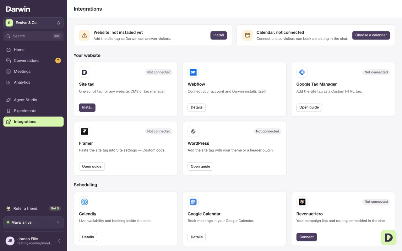 Integrations: Website and Calendar status cards at the top, then Your website cards (Site tag, Webflow, Google Tag Manager, Framer, WordPress) and Scheduling cards (Calendly, Google Calendar, RevenueHero).