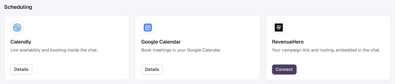 The Calendly, Google Calendar and RevenueHero cards under Scheduling.