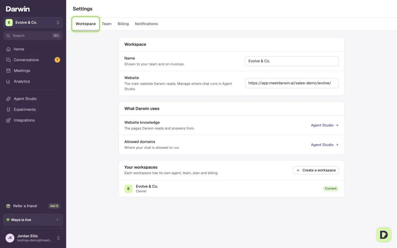 The Settings screen on the Workspace tab, with the Workspace, What Darwin uses and Your workspaces sections. The Workspace tab is marked.