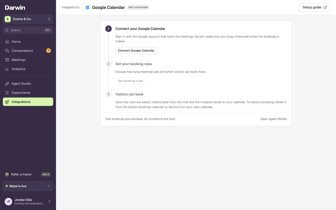 The Google Calendar setup page with three steps: Connect your Google Calendar, Set your booking rules and Visitors can book.