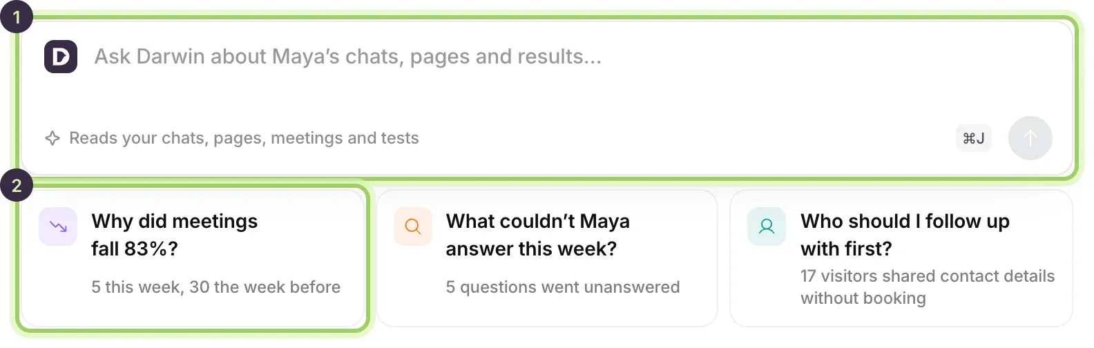 The Ask Darwin box on Home marked 1 and the first suggested question marked 2.