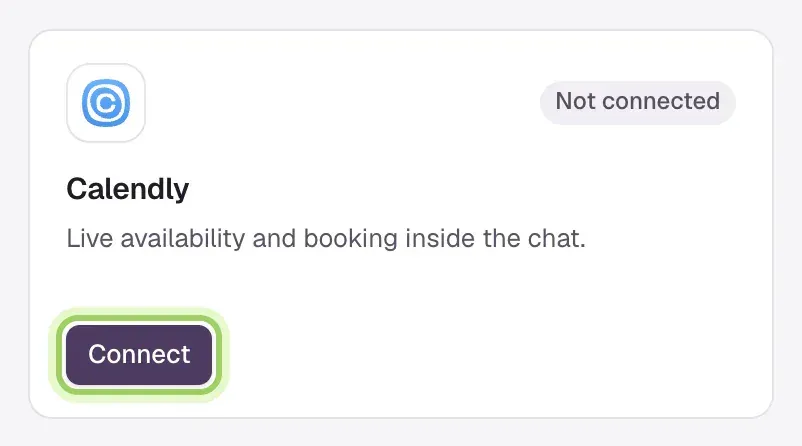 The Calendly card on the Integrations screen with its Connect button highlighted.