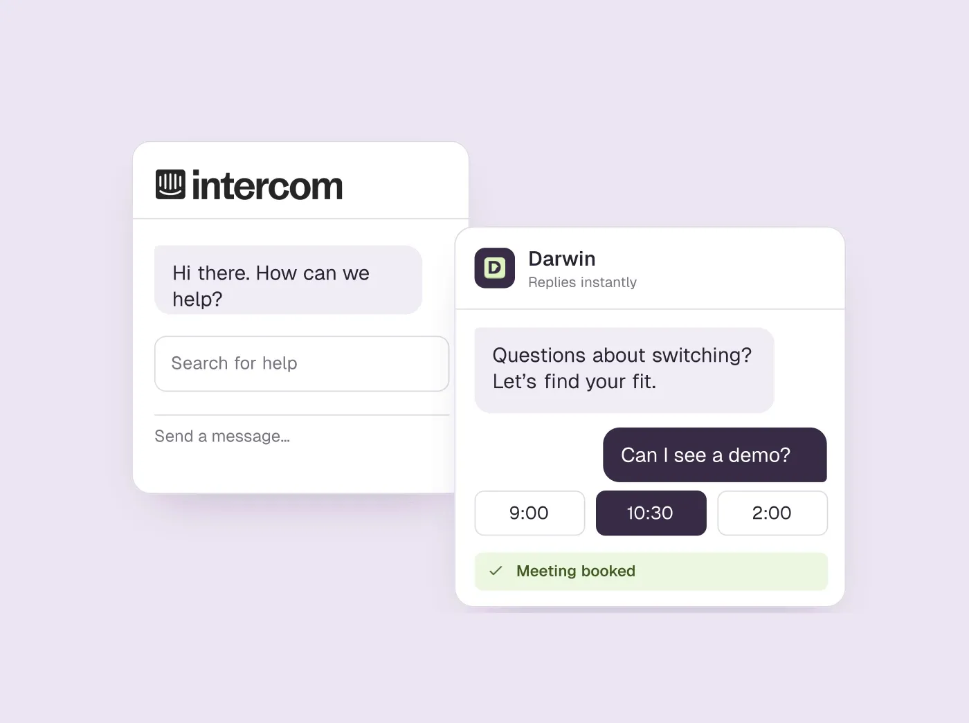 Overlapping Intercom and Darwin chat illustrations, with meeting times and a booking confirmation in Darwin.