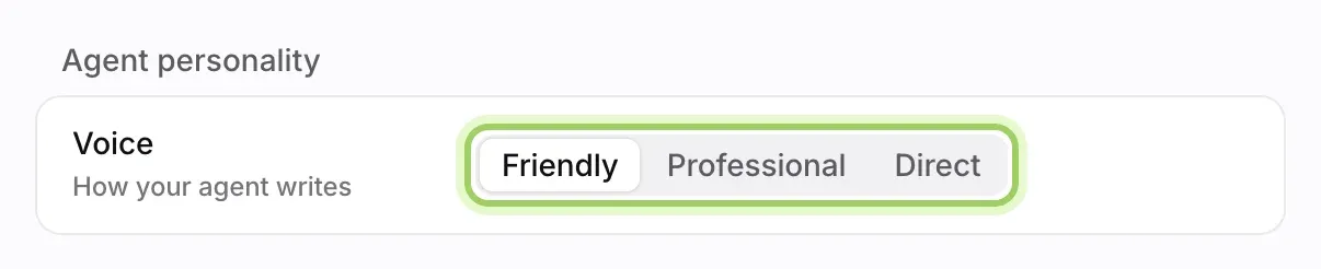 The Agent personality section with the Voice choice of Friendly, Professional or Direct highlighted.