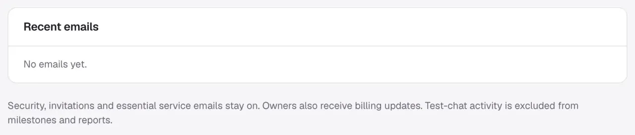The Recent emails section reading No emails yet, and the note that security, invitations and essential service emails stay on.
