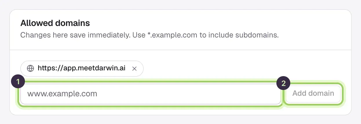 The Allowed domains section with one domain listed, the domain field marked 1 and the Add domain button marked 2.