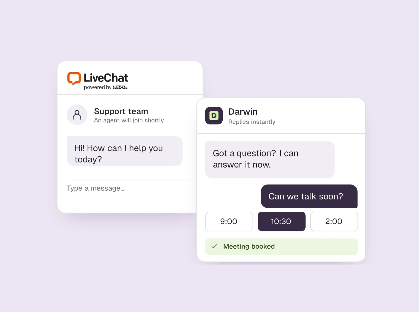 A LiveChat widget waiting for a support agent beside a Darwin chat that answers and books a meeting.