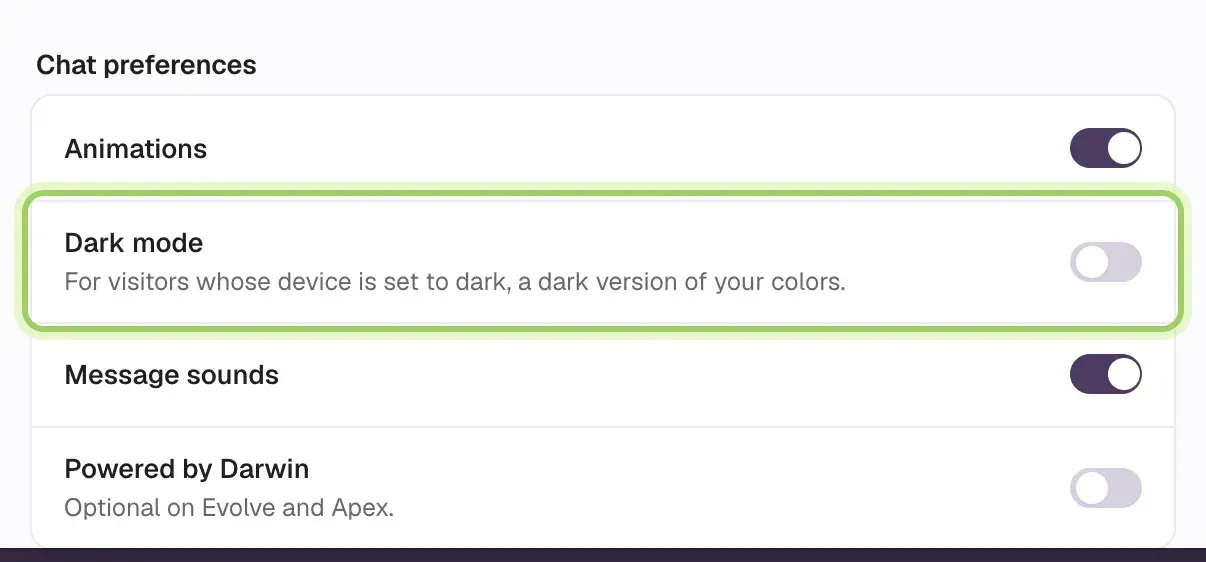 The Chat preferences section with switches for Animations, Dark mode (highlighted), Message sounds and Powered by Darwin.