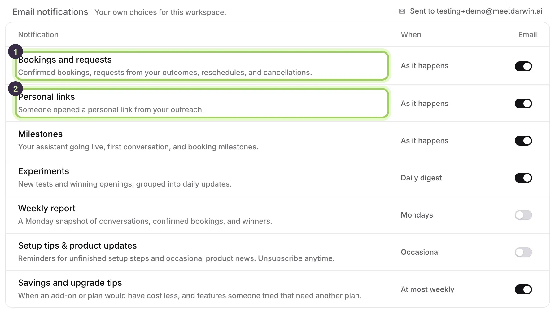 Settings → Notifications: Bookings and requests marked 1 and Personal links marked 2, both sent as it happens with their email switches on.