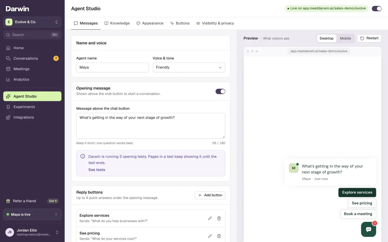 Agent Studio with the Messages tab selected: Name and voice, Opening message and Reply buttons on the left, the chat preview with the opening message and three reply buttons on the right.