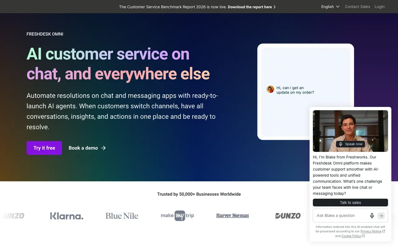Freshchat homepage, screenshot from September 2026