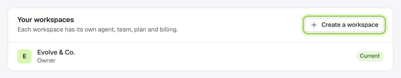 The Your workspaces section listing Evolve & Co. as Owner with a Current badge. The Create a workspace button is marked.