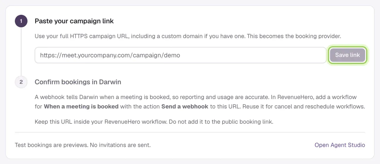 The RevenueHero setup: Paste your campaign link with the Save link button highlighted, then Confirm bookings in Darwin.