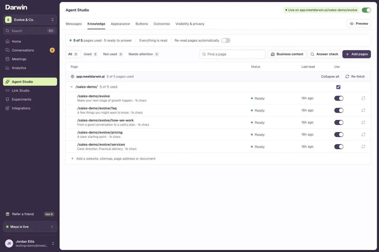 Knowledge in the Evolve & Co demo workspace, with page Use switches and the Business context, Answer check and Add pages buttons.