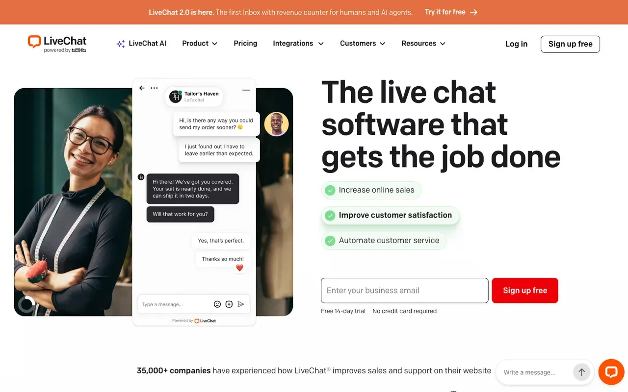 LiveChat homepage, screenshot from September 2026