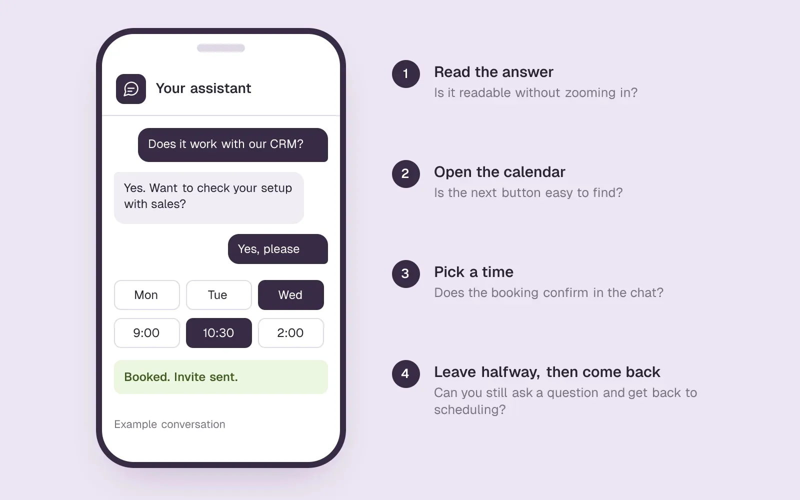 A phone showing an example chat that answers a CRM question, offers days and times and confirms a booking, beside four checks for a final run on mobile