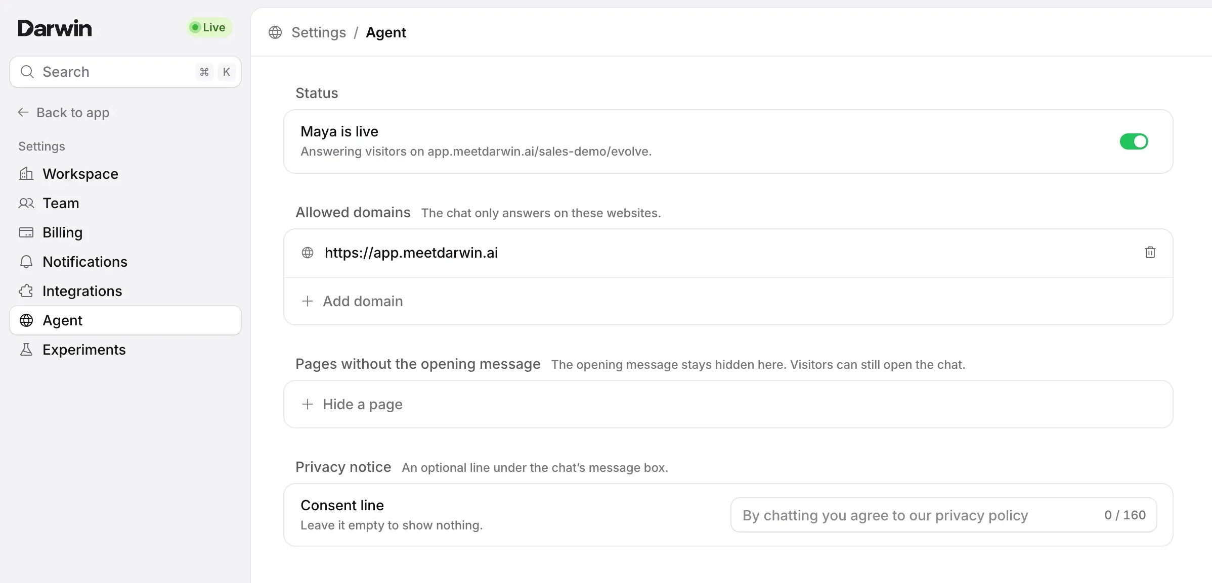 Settings → Agent in the Evolve & Co. demo: Status reading Maya is live with its switch on, Allowed domains with one domain and Add domain, Pages without the opening message with Hide a page, and Privacy notice with the Consent line field.