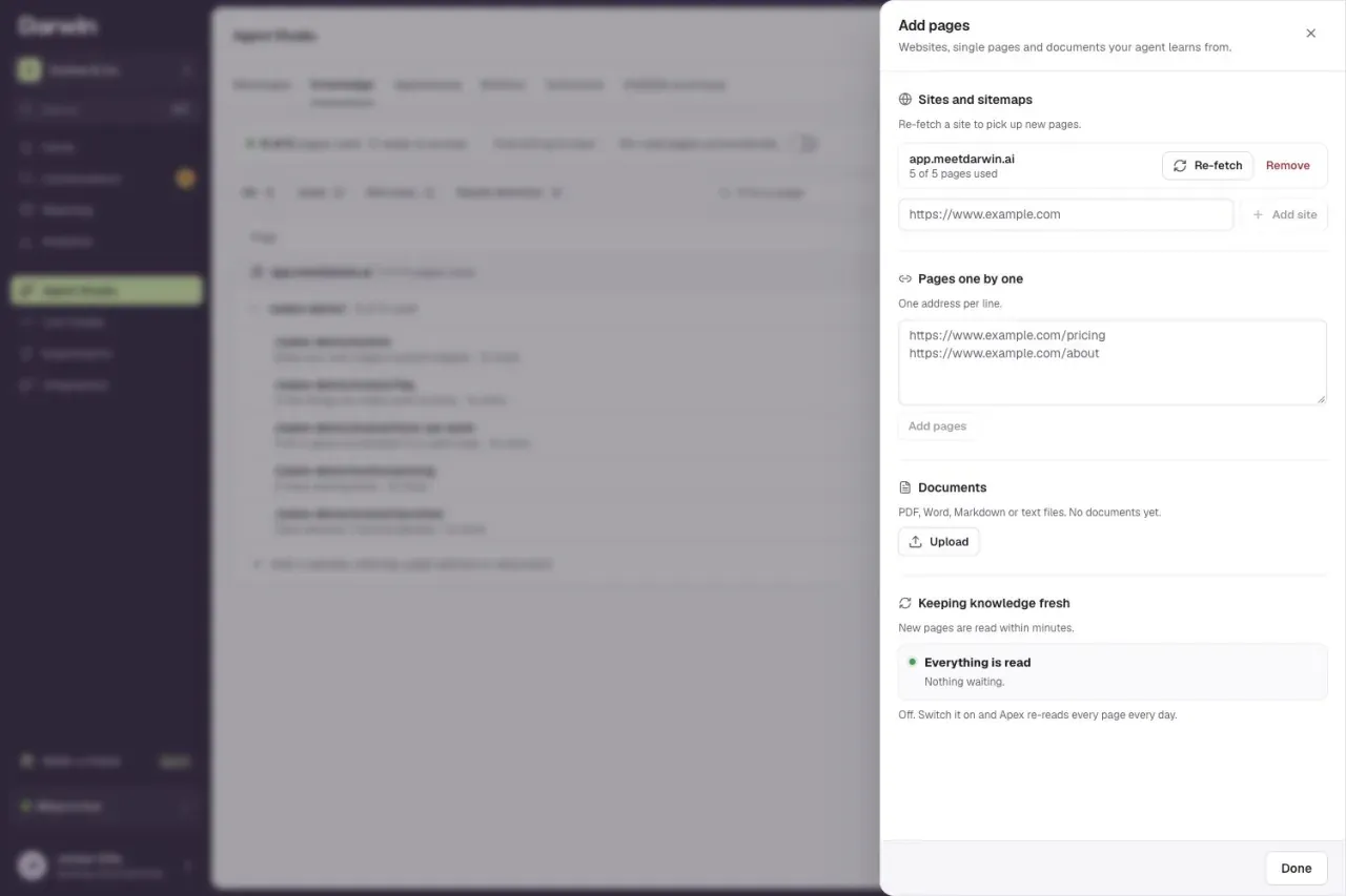 The Add pages panel, with Sites and sitemaps, Pages one by one, and Documents upload.