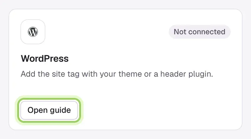 The WordPress card on the Integrations screen with its Open guide button highlighted.