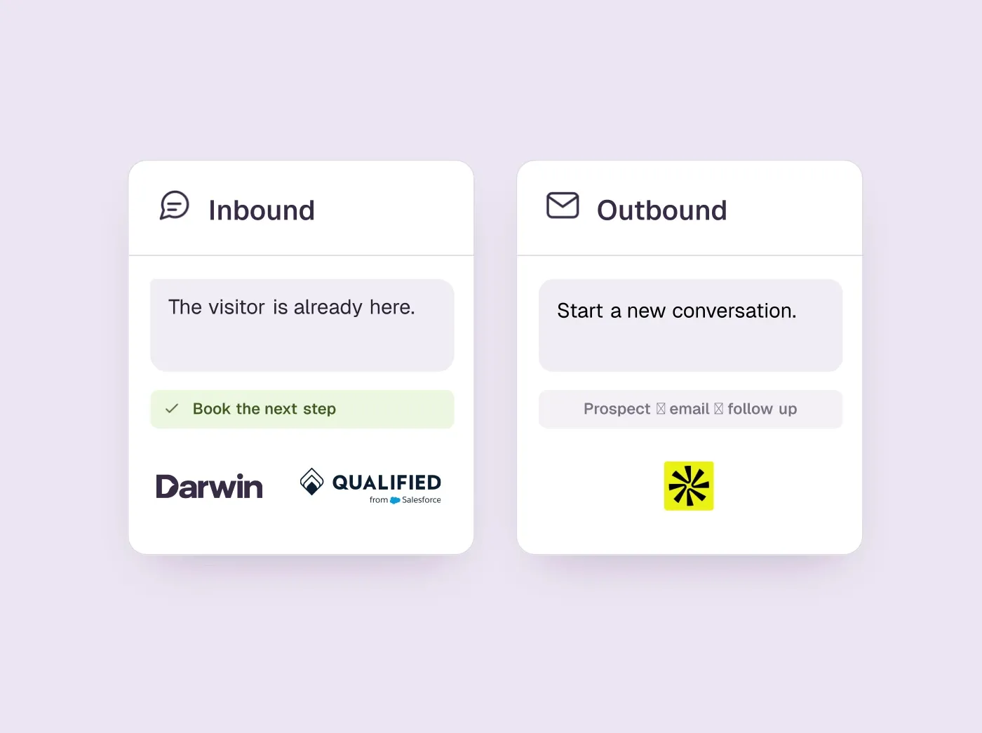 Inbound website chat and outbound email cards with Darwin, Qualified and Apollo logos.