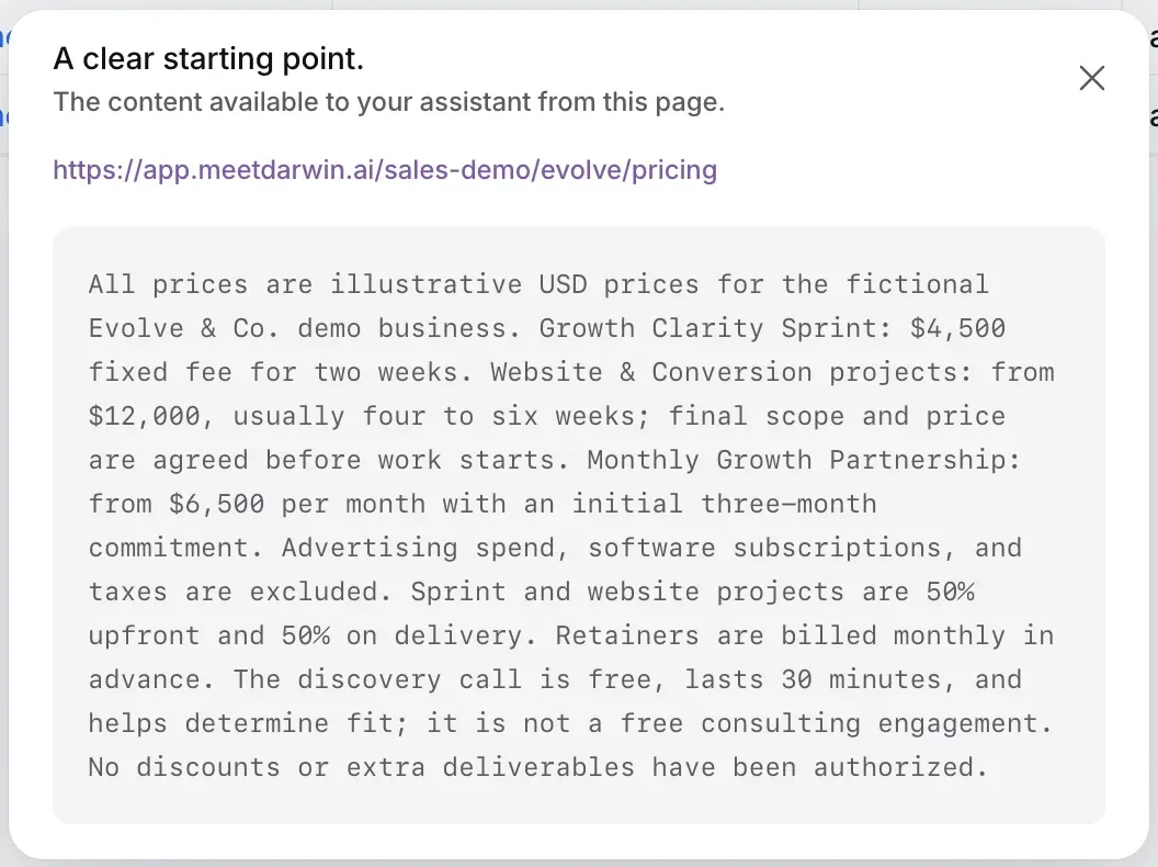 A dialog titled A clear starting point, showing the text your agent has from the pricing page.