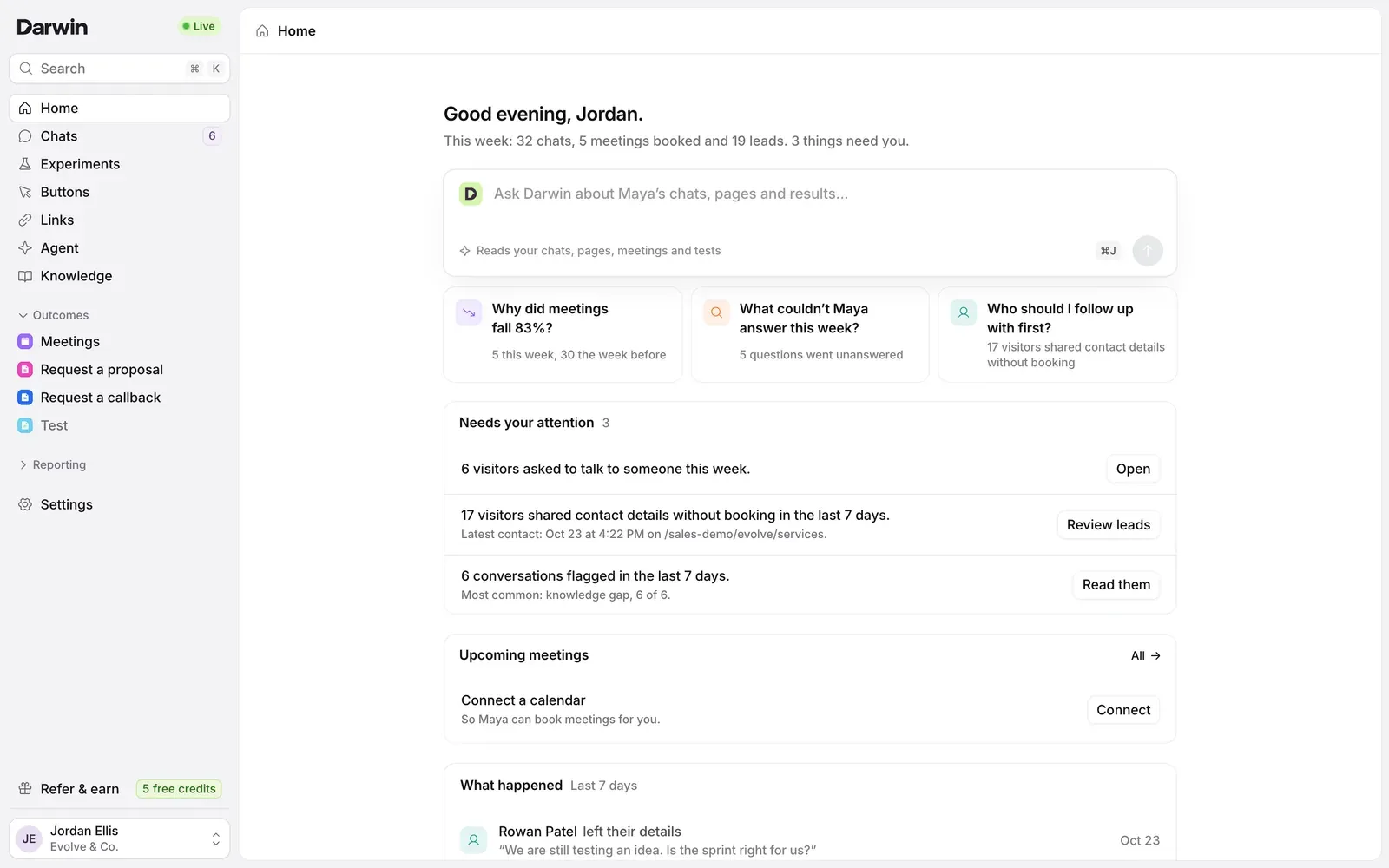 Darwin's new Home screen: the week's chats, meetings and leads, an Ask Darwin box, and a list of things that need the team, beside the new grey sidebar.
