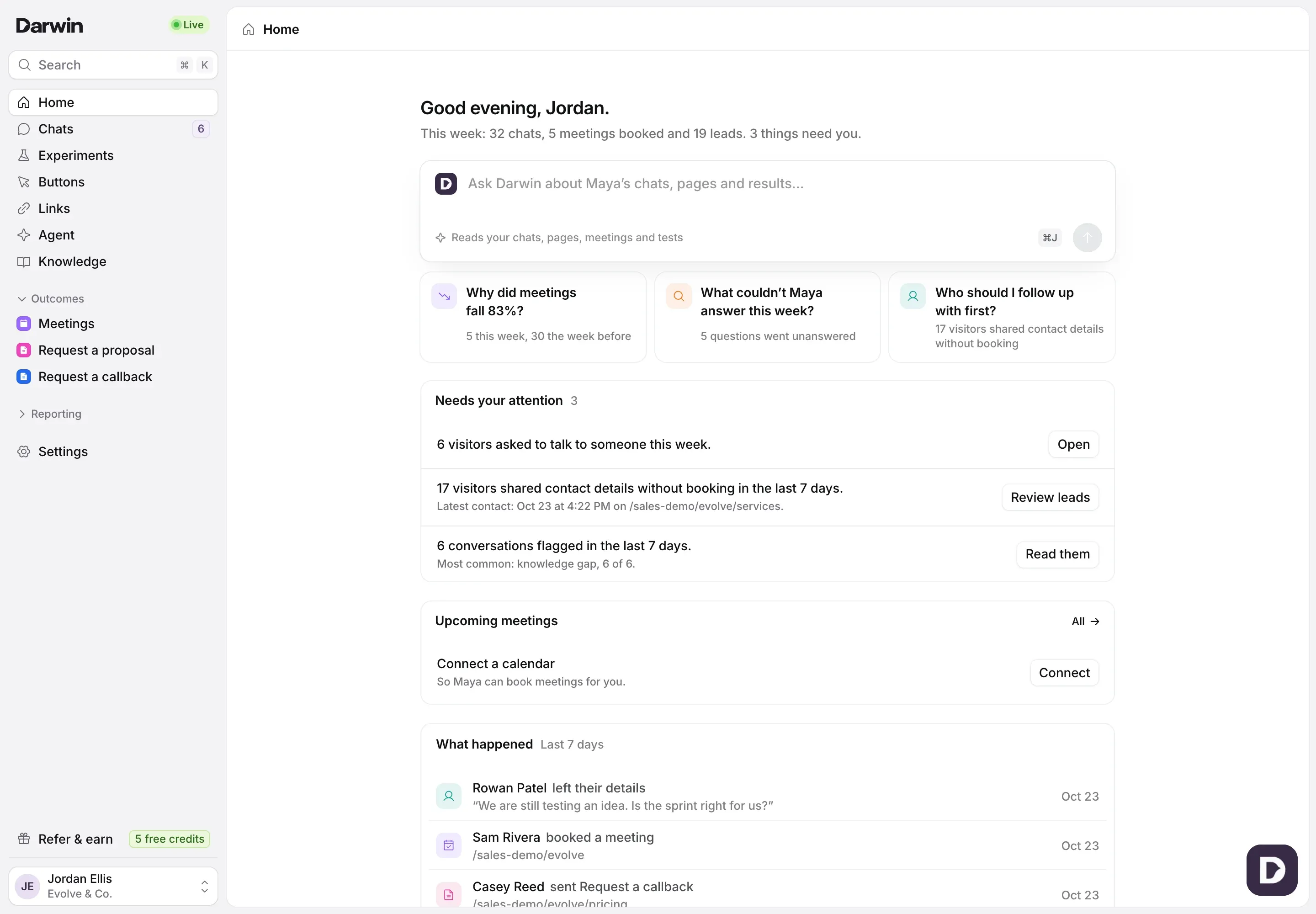 The Home screen in the Evolve & Co. demo: the greeting with a one-line summary of the week, the Ask Darwin box with three suggested questions, Needs your attention, Upcoming meetings and What happened.