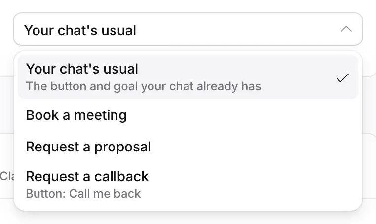The Steers toward list open: Your chat's usual, Book a meeting, Request a proposal and Request a callback.