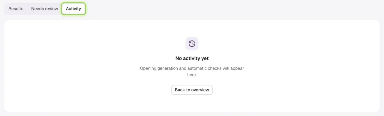 History with the Results, Needs review and Activity tabs. Activity is marked and reads No activity yet.