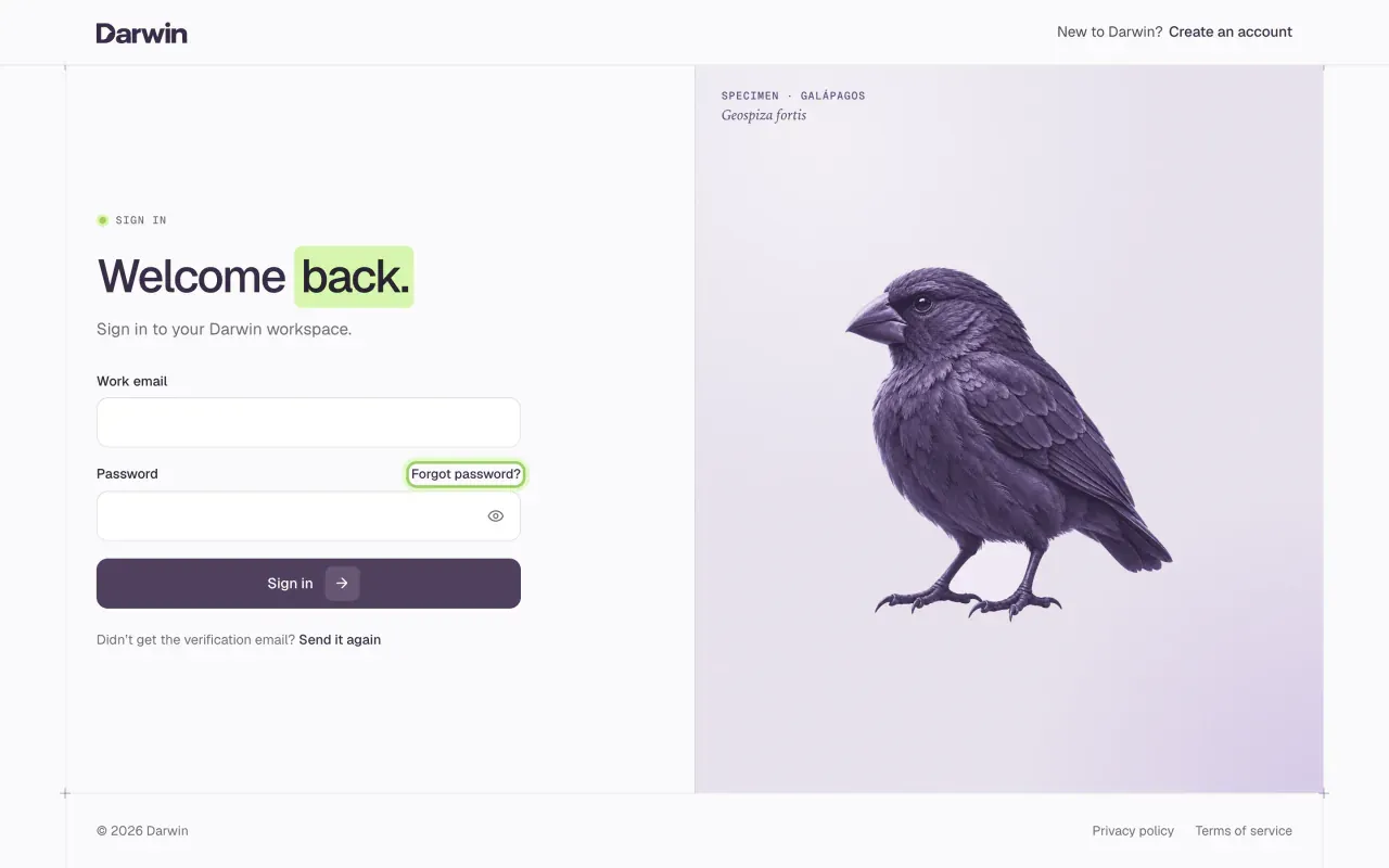 The Darwin sign-in page: Welcome back, with Work email and Password fields, a Sign in button, and Create an account at the top right. Forgot password? is marked.