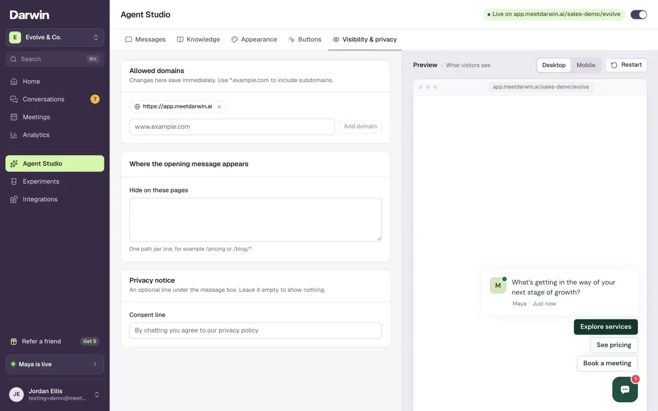 Agent Studio with the Visibility & privacy tab selected: Allowed domains, Where the opening message appears and Privacy notice on the left, the chat preview on the right.