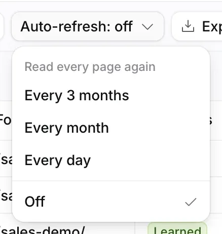 The Auto-refresh menu open under Read every page again: Every 3 months, Every month, Every day, and Off, which is ticked.