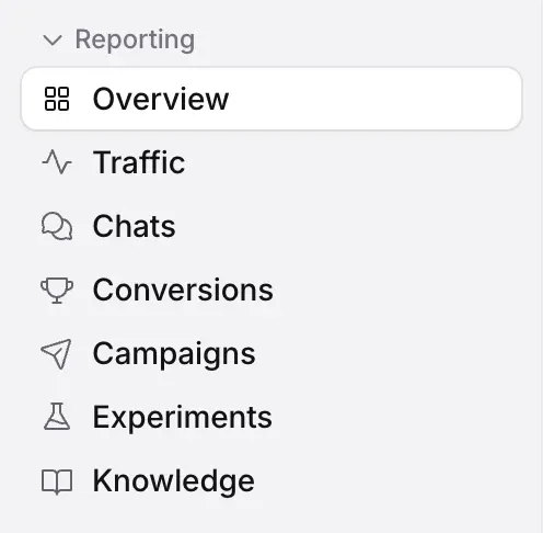 The Reporting group in the sidebar: Overview, Traffic, Chats, Conversions, Campaigns, Experiments and Knowledge.