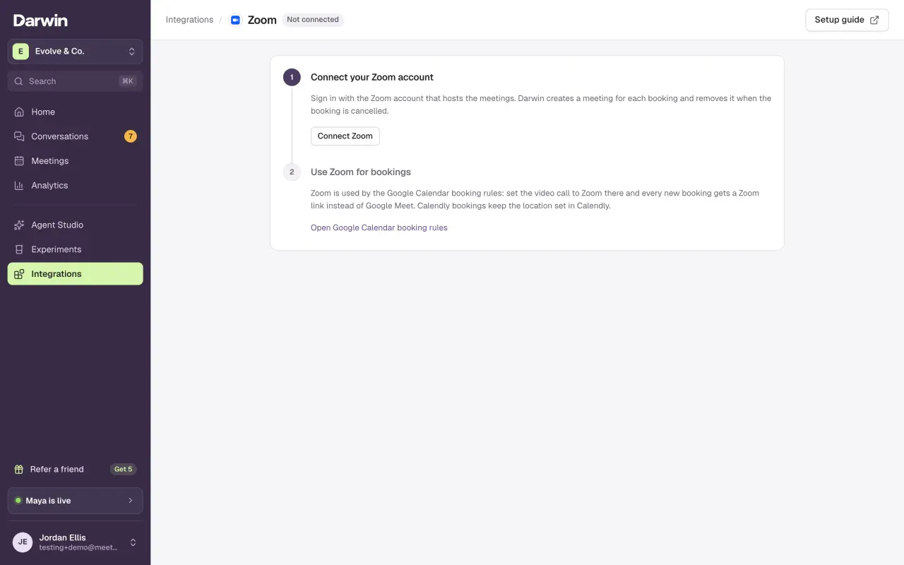 The Zoom setup page with step 1 Connect your Zoom account and step 2 Use Zoom for bookings.