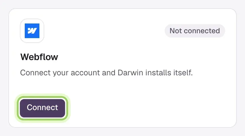 The Webflow card on the Integrations screen with its Connect button highlighted.