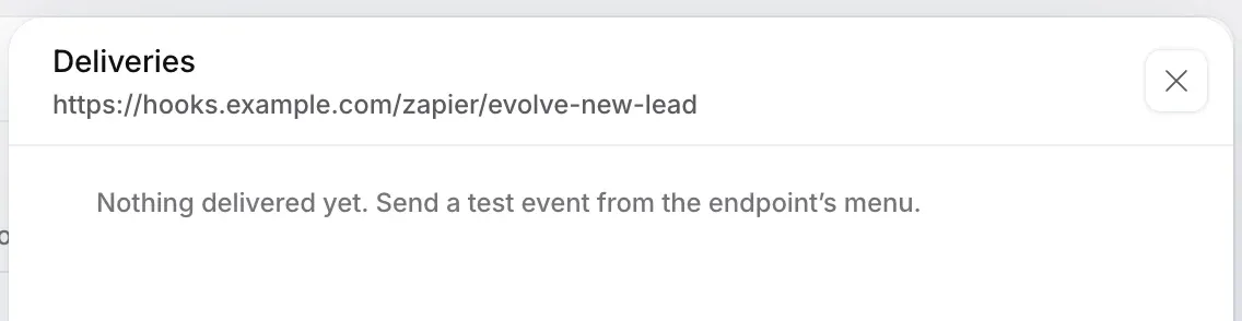 The Deliveries panel for the endpoint: Nothing delivered yet. Send a test event from the endpoint's menu.