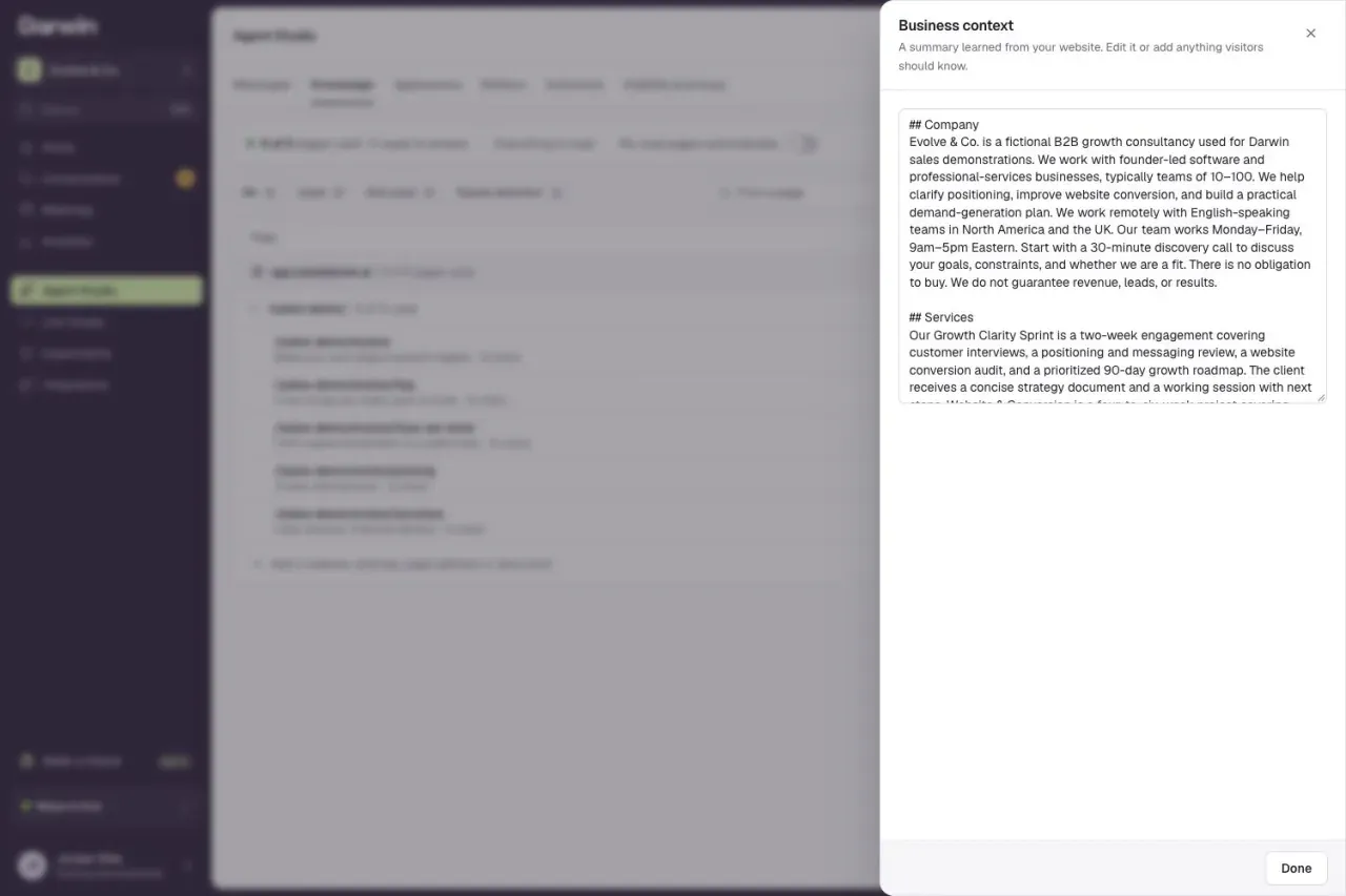 The Business context panel with an editable summary of the fictional Evolve & Co business.