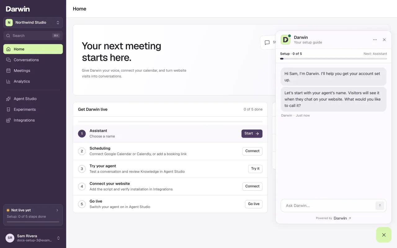 Home for a new workspace: Your next meeting starts here, the Get Darwin live card with five steps, and the Darwin setup guide open on the right asking what to call the agent.