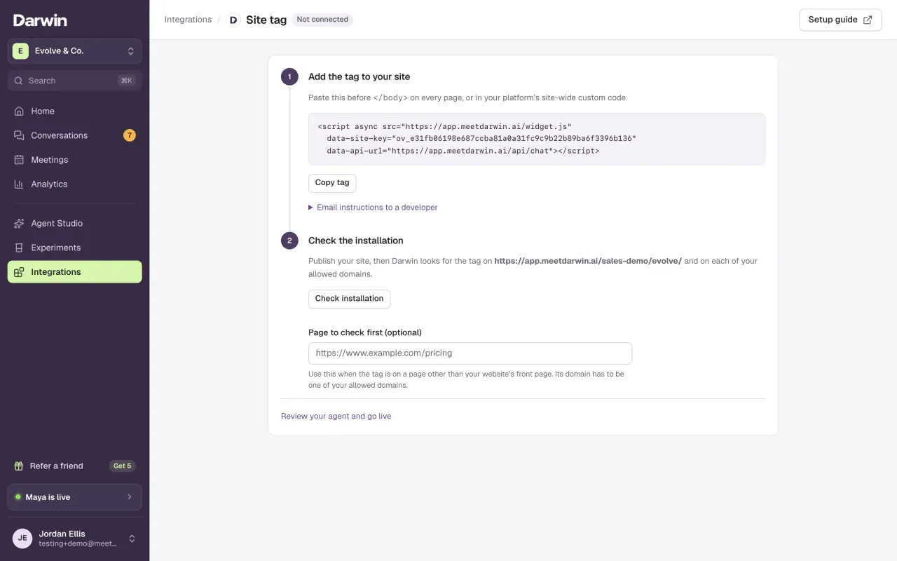 The Site tag page: step 1, Add the tag to your site, with the script tag and Copy tag button; step 2, Check the installation, with the Check installation button and the Page to check first field.