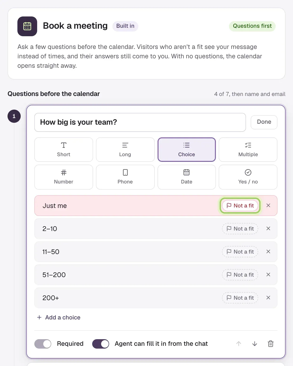Book a meeting, built in, set to Questions first: How big is your team? with five choices and Just me flagged Not a fit (marked).