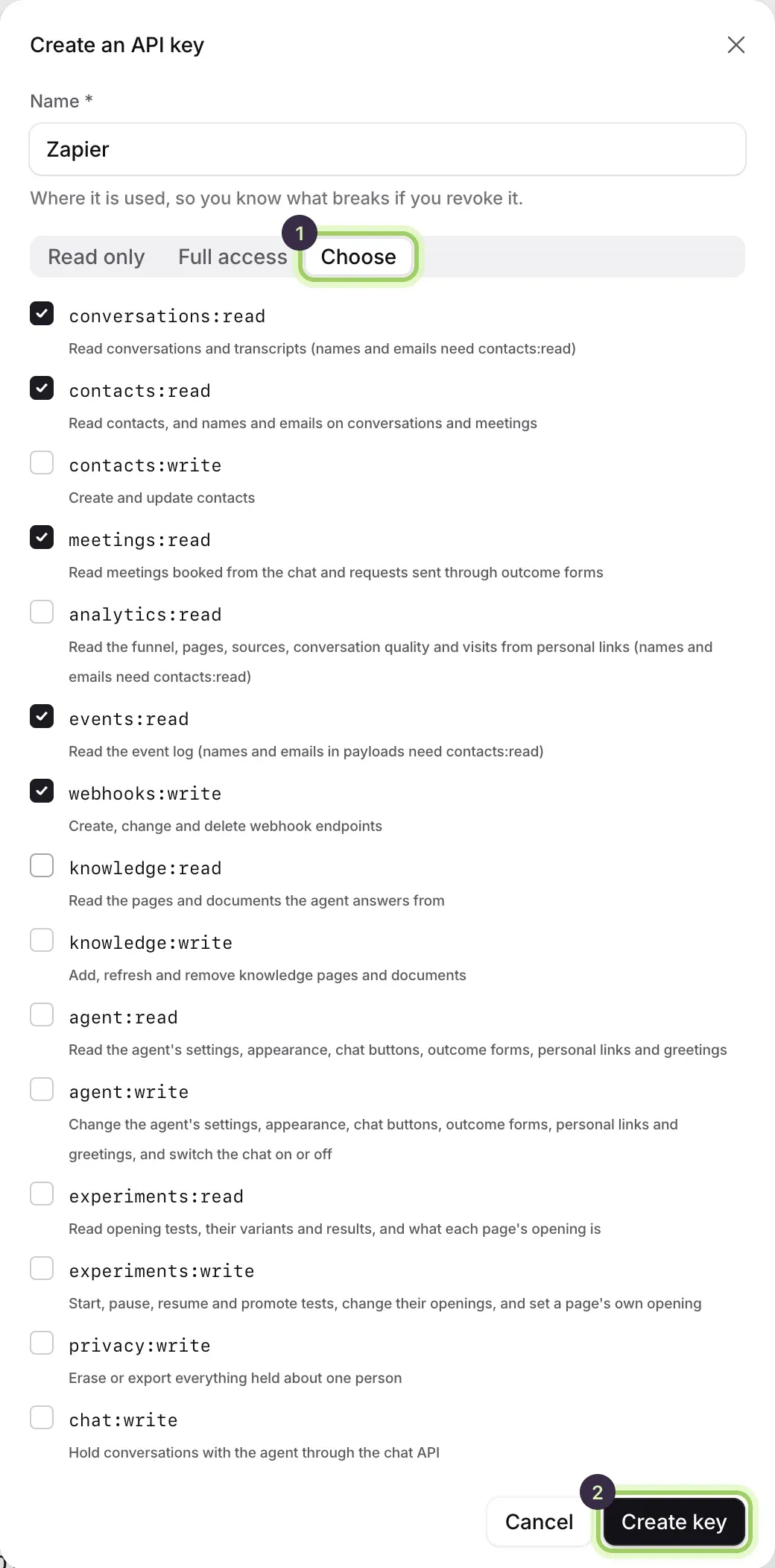 The Create an API key dialog named Zapier, with Choose marked 1, five scopes ticked, and Create key marked 2.